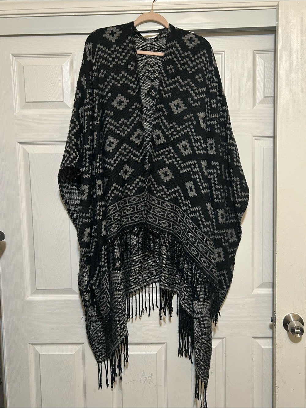 Black & Gray Patterned Fringe Poncho Sweater